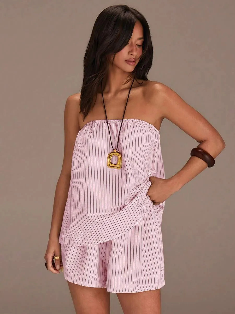Set Bandeau y Short STRIPE — Rayas Verticales Oliva