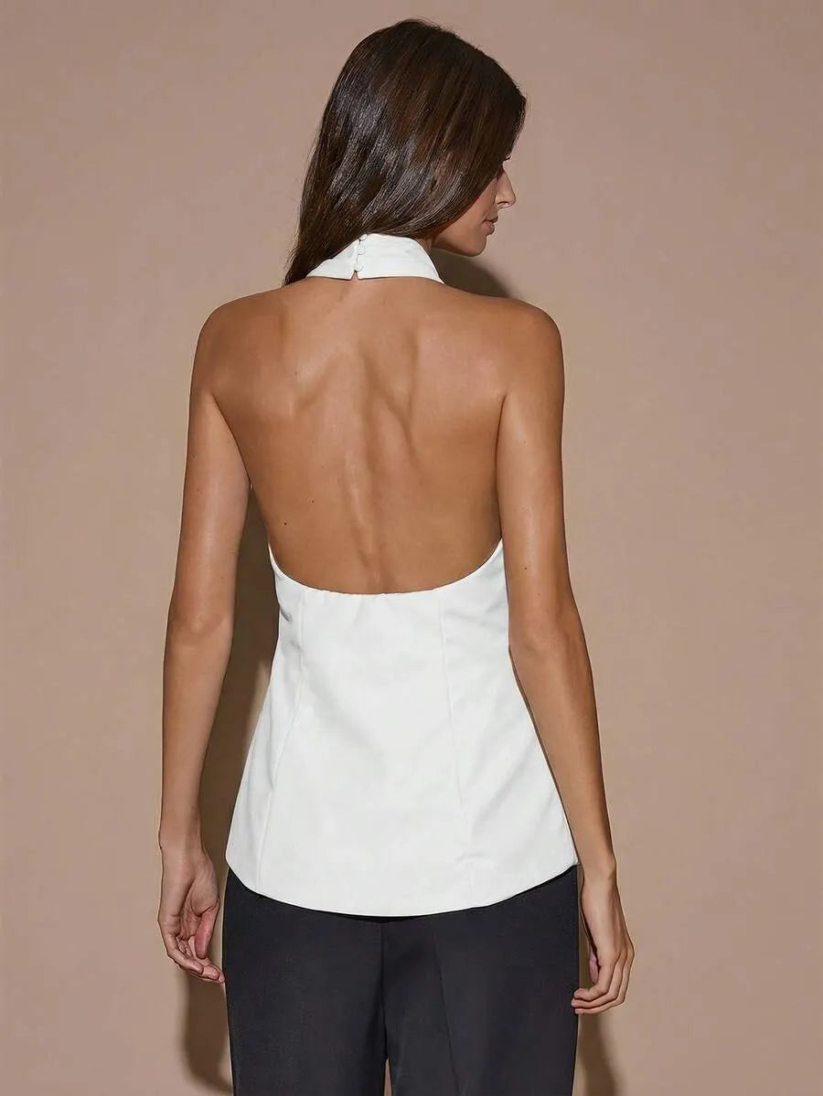 Blusa elegante de color café sólido con cuello halter sin espalda para mujer