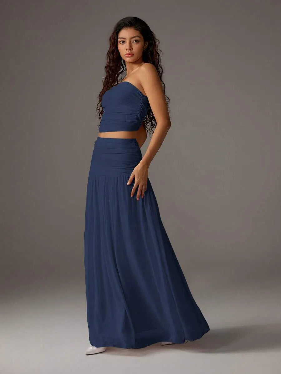 Set Drapeado ECRU — Top Bandeau y Falda Maxi