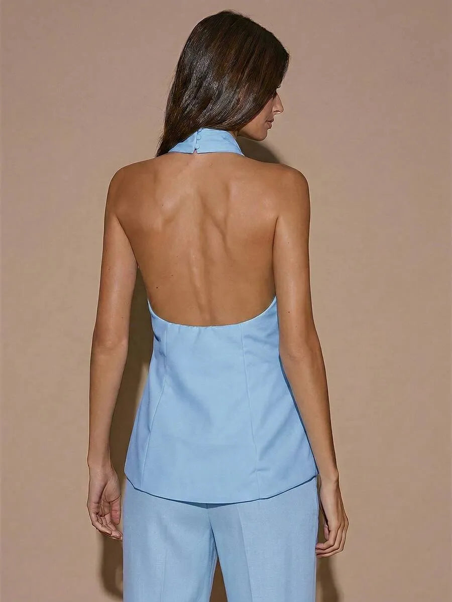 Blusa elegante de color café sólido con cuello halter sin espalda para mujer