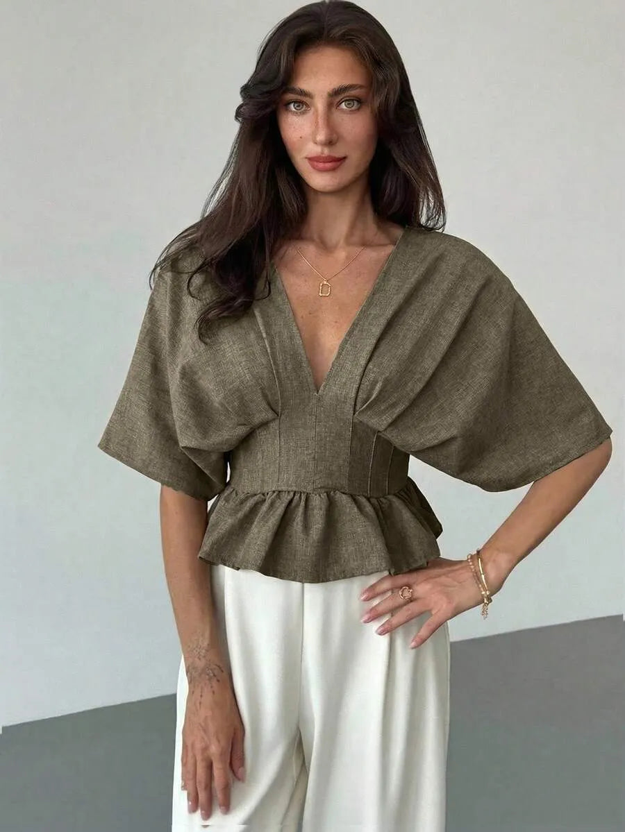 Aloruh Blusa de mujer con mangas tipo murciélago y cintura ceñida