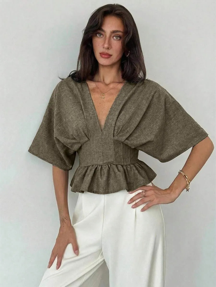 Aloruh Blusa de mujer con mangas tipo murciélago y cintura ceñida