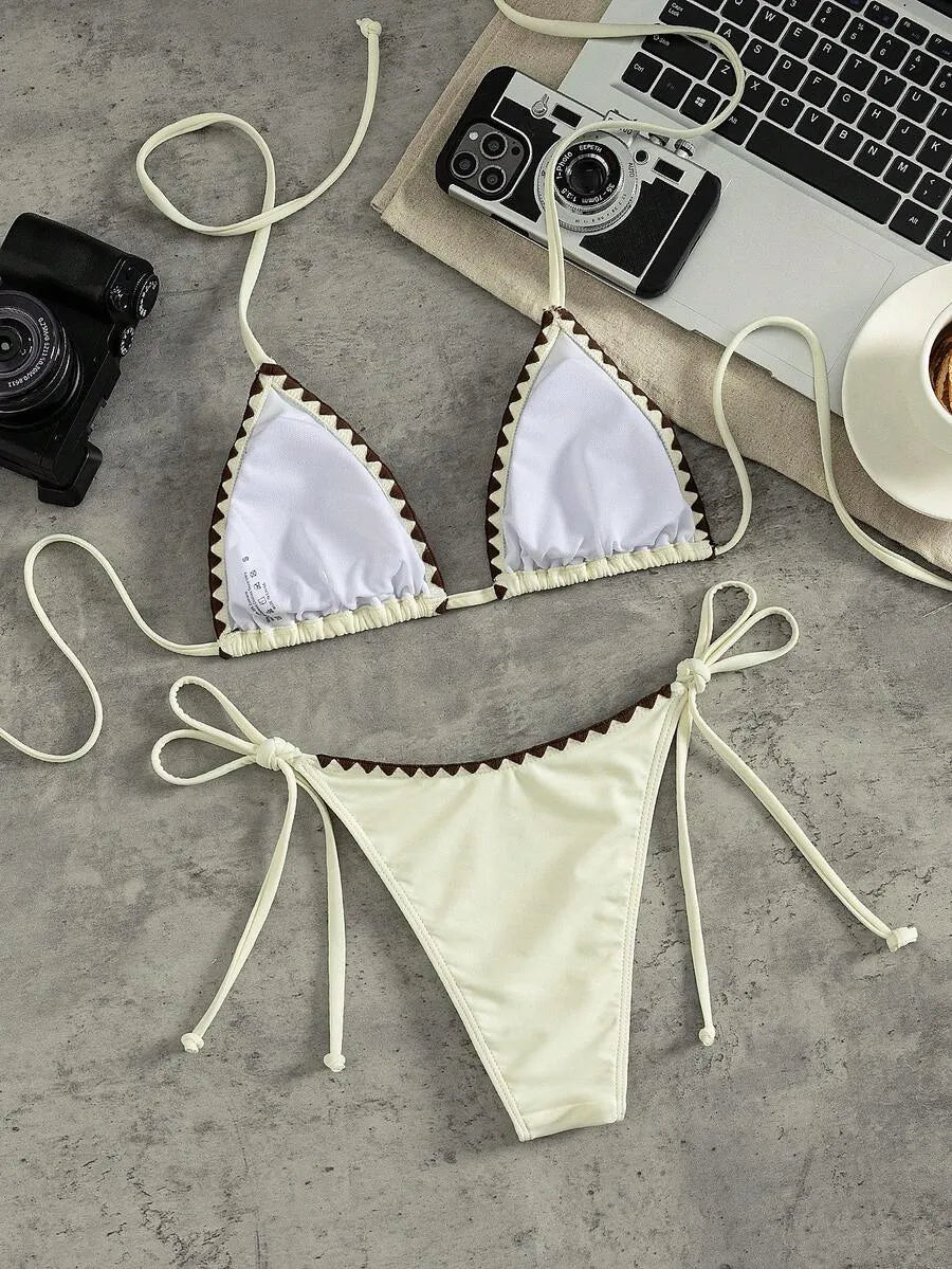 Bikini Triángulo RICKRACK — Amarillo con Ribete Fucsia