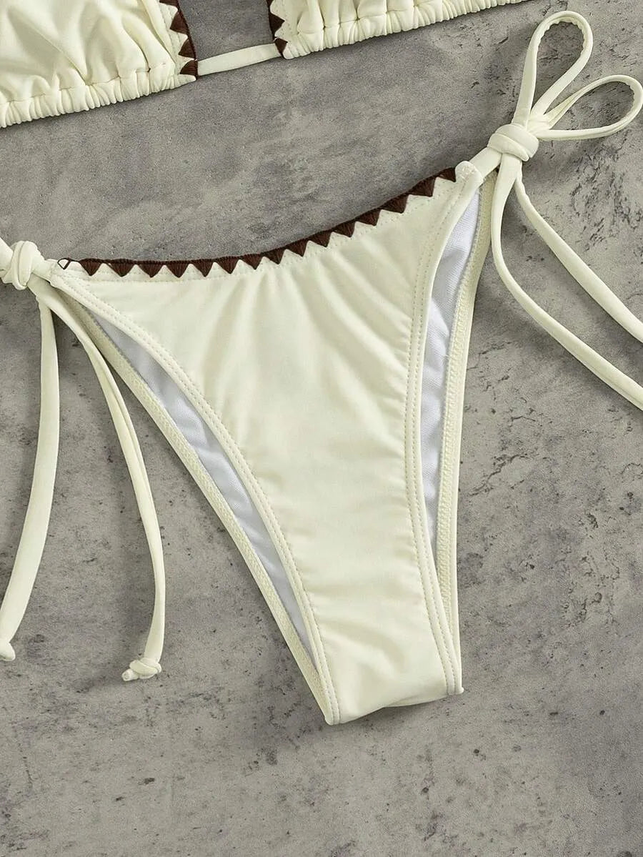 Bikini Triángulo RICKRACK — Amarillo con Ribete Fucsia