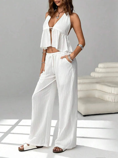 Set Crop Top y Pantalón Ancho — Lino Blanco