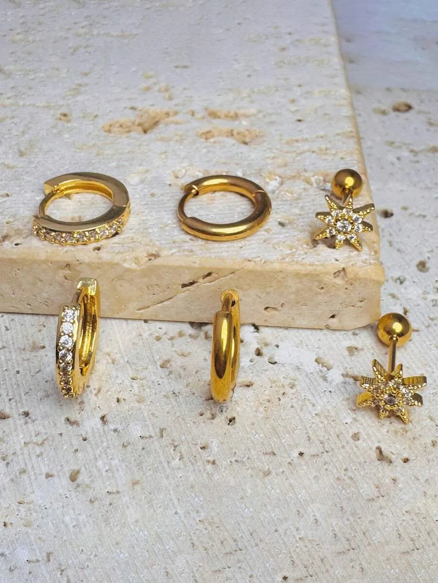 Pendientes Mini Aro STAR & CRYSTAL — Set Ear Stacking Dorado y Plata