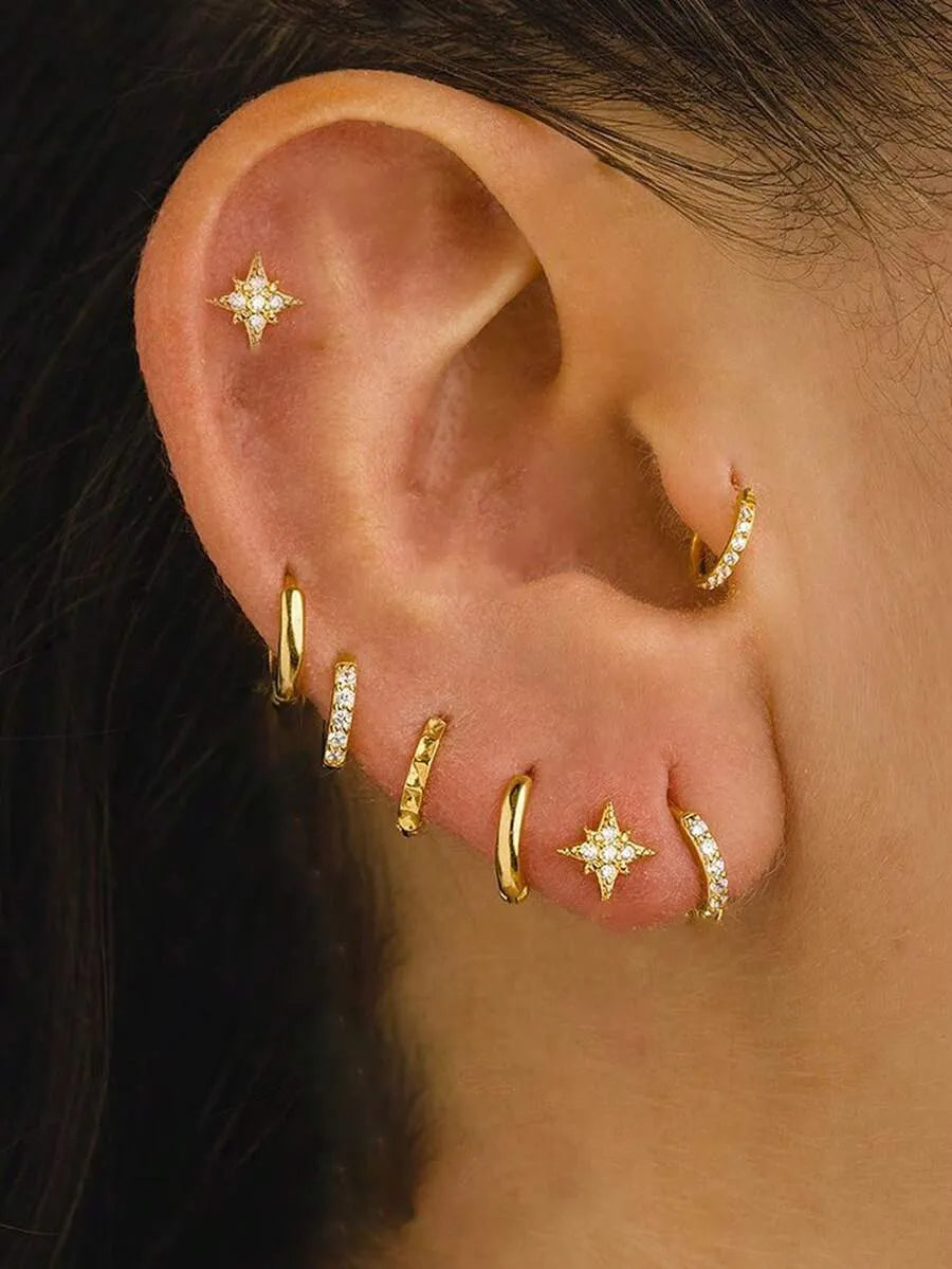 Pendientes Mini Aro STAR & CRYSTAL — Set Ear Stacking Dorado y Plata