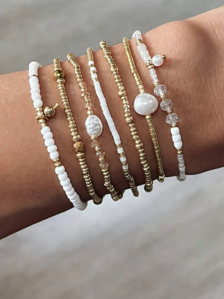 Pulsera de Cuentas PEARL STACK — Blanco y Dorado