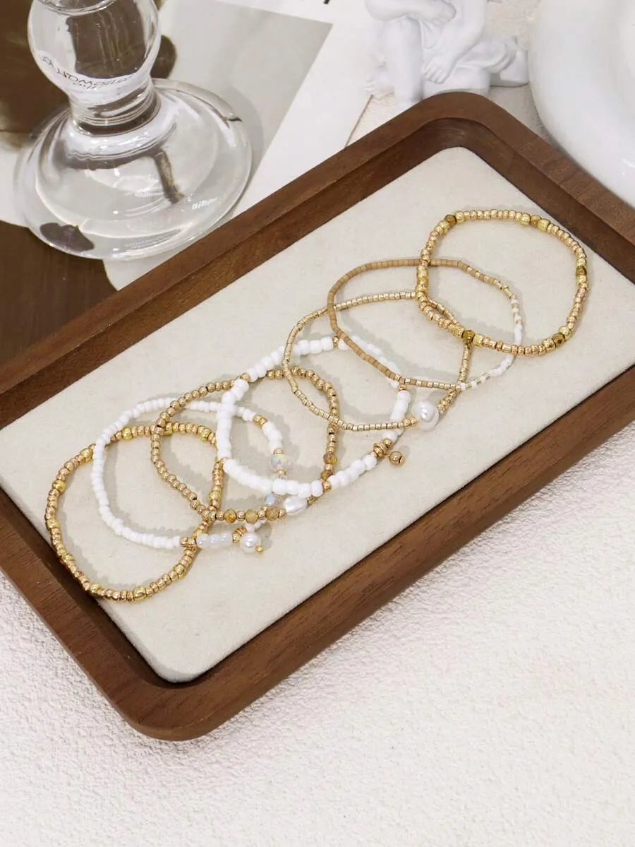 Pulsera de Cuentas PEARL STACK — Blanco y Dorado