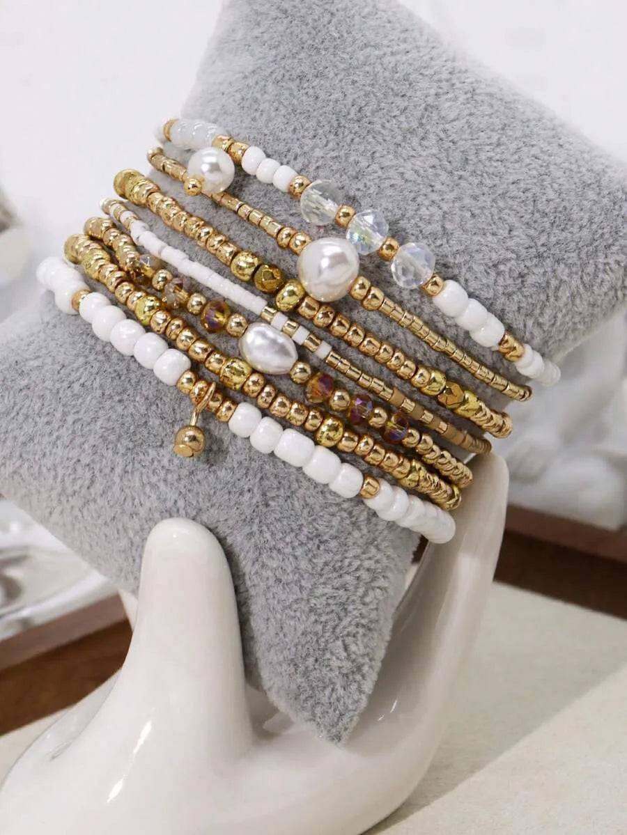Pulsera de Cuentas PEARL STACK — Blanco y Dorado
