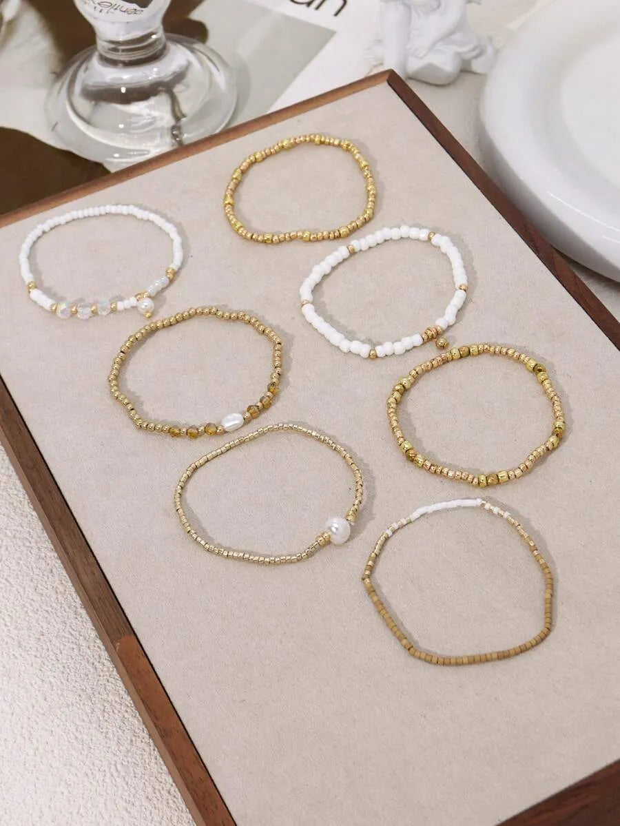 Pulsera de Cuentas PEARL STACK — Blanco y Dorado